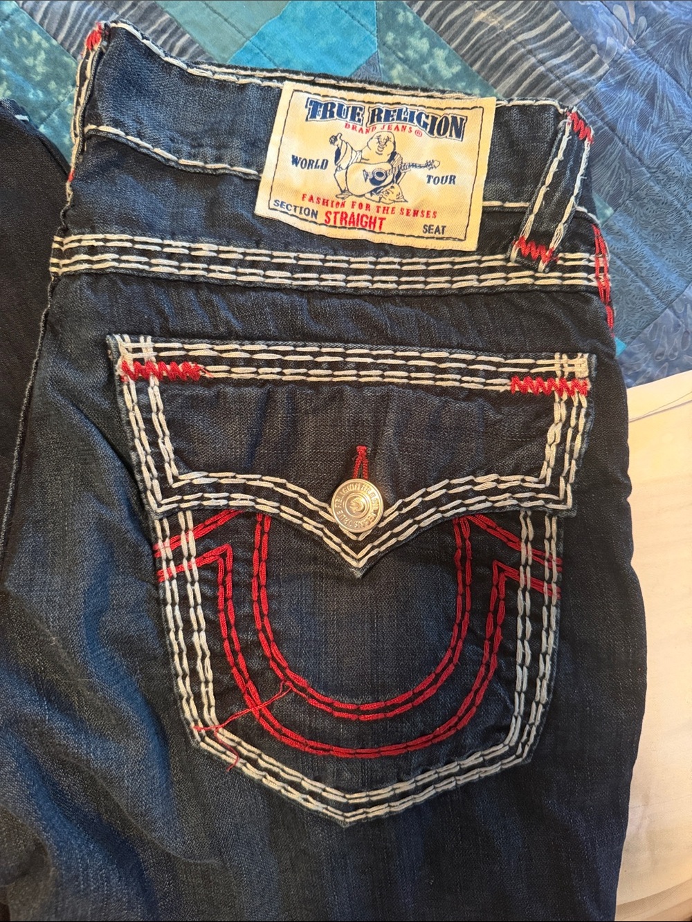 True Religion Dark Indigo Jeans with Red & White Stitching